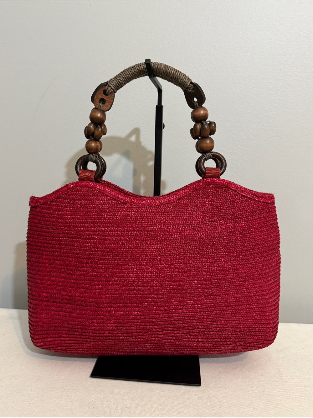 Vintage Red Woven Rattan Straw Bag Wood Beaded Handle Boho